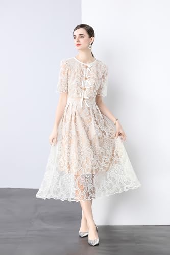 LAI MENG FIVE CATS Women's Puff Sleeve Crewneck Lace Mesh Embroidery Single-Breasted Buttons Midi Dress3