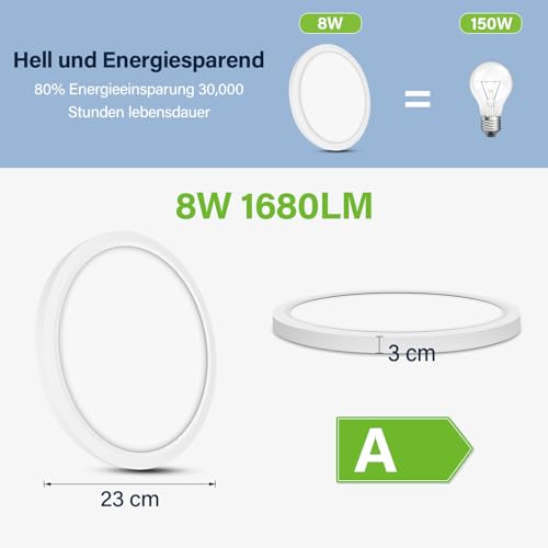 Bzavor LED Deckenlampe Effizienzklasse A 210lm/w 4000K 7W 1700lm,Rund Ø23cm LED Deckenleuchte Flach IP54 Wasserfest Lampe Panel für Küche Wohnzimmer Badezimmer Flur Schlafzimmer, Weiß, Ultra Dünn