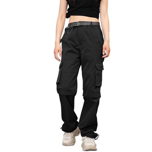 Pantaloni da donna ad asciugatura rapida, pantaloni a vento con caratteristiche staccabili e tasche multiple, pantaloni leggeri da trekking e da viaggio, a vita alta, pantaloni da combattimento, Nero