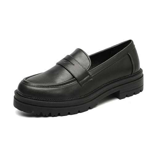 KLKLM Damen-Loafer mit Dicker Plateausohle - Bequeme Freizeitschuhe mit weicher Polsterung Schwarze 37