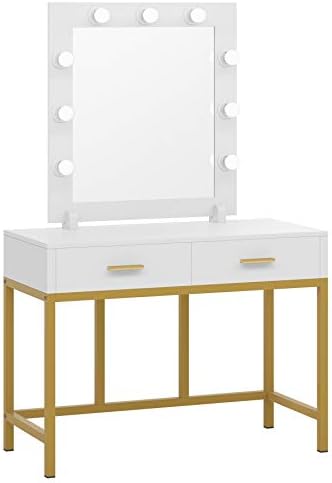 Tribesigns Vanity Table with Lighted Mirror, Makeup Vanity Dressing Table with 9 Lights and 2 Drawers for Women, Dresser Desk Vanity Set for Bedroom, Gold (White)