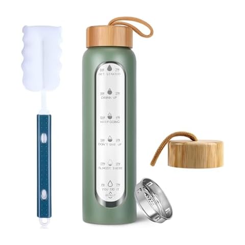 Aqulea 32 Oz Borosilicate Glass Water Bottle with Times to Drink | BPA Free - Reusable Wide Mouth Glass Motivational Water Bottles with Infuser & Silicone Sleeve - Bundle with 1 Replacement Lid Cover