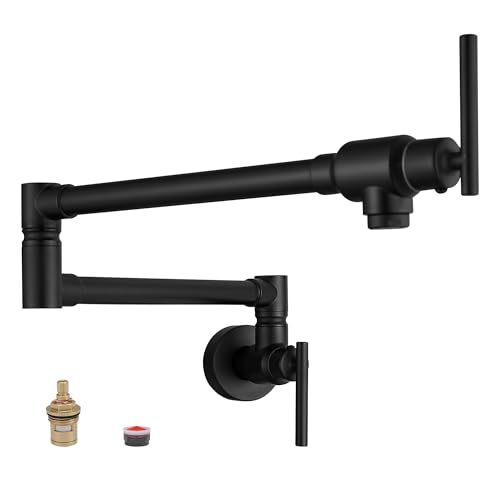 Image of Fransiton Pot Filler, Matte Black Pot Filler Faucet Wall Mount, Brass Folding Stretchable with Double Joint Swing Arm Single Hole Two Handles Kitchen