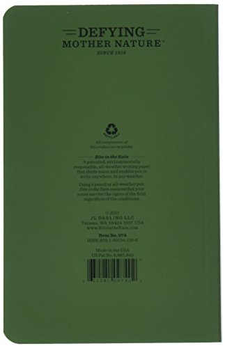 Rite In The Rain Weatherproof Soft Cover Notebook, 4 5/8" X 7 1/4", Green Cover, Universal Pattern (No. 974), 7.25 X 4.625 X 0.375 #TOP1