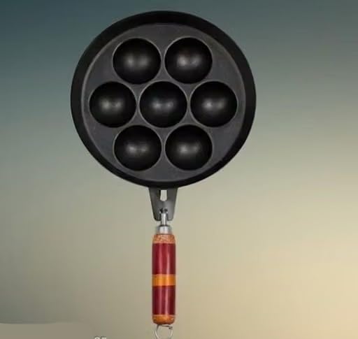 Image of 7 Cavity Iron Appam Patra with Wooden Handle | Paniyaram Appe Maker PanBlack