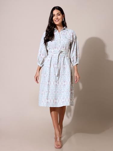 Image of SAAKI by Samantha Ruth Prabhu Ikat Printed Oversized Tie Up Dress |100% Cotton Light Blue Dress for Women, (Light Blue, Pack of 1)