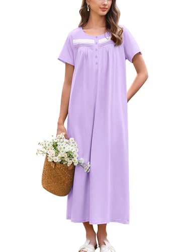 Image of Ekouaer Nightgown for Women Cotton Long Night Gown Short Sleeve Nightdress with Pockets Button Sleepshirt Soft Sleepwear