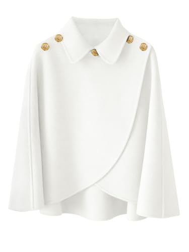 JFAN Poncho Damen Winter Warm Elegant Cape Cardigan Poncho mit Revers und Knöpfen für Herbst Winter,Weiß
