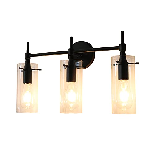Image of MONKFISH Wall Light 3-Light Wall Sconce with Clear Glass Shade, Modern Minimalist Wall Lamp Fixture for Bathroom Bedroom Stair Cafe (Black)