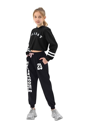 LOLANTA Ropa de Baile Niña, Sudadera Cortada y Joggers, Traje para Hip Hop, Jazz y Street Dance(Negro, 13-15 años, 170)