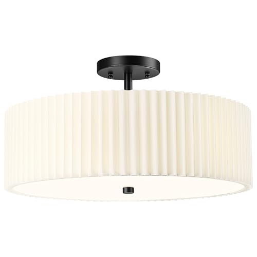 Image of Semi Flush Mount Ceiling Lights, 4-Light 18 inch Matte Black Ceiling Light Fixture with White Pleated Fabric Shade, Drum Lamp for Nursery Hallway Bedroom Kitchen, AD-25036-4SF-BK