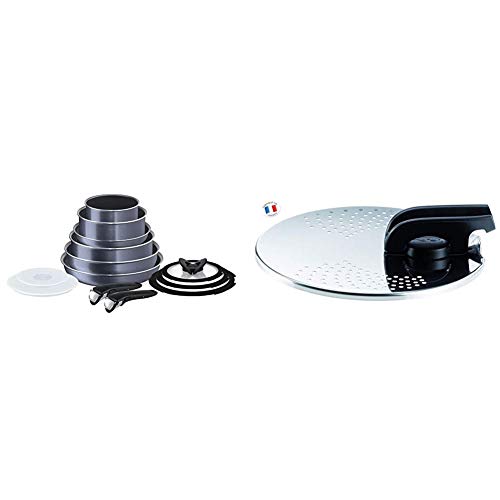 Tefal Ingenio Non-Stick Elegance Cookware Set, 13 Pieces, Black & Ingenio Universal Stainless Steel Straining Lid with Saucepans 1 Gallery Image