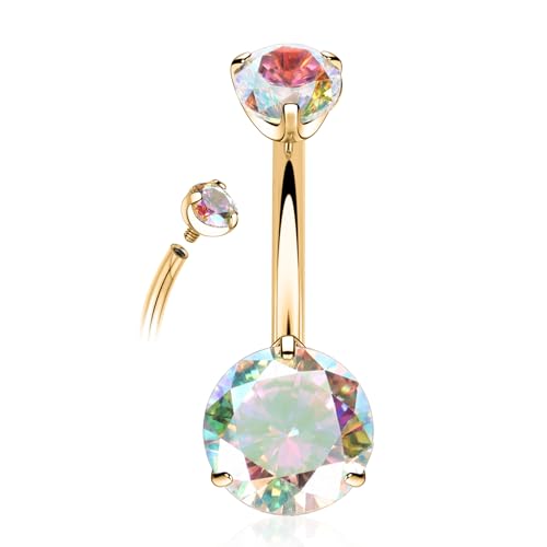 PEAKLINK Titanium Belly Button Ring 14G Belly Jewelry Navel Bar Internally Threaded Belly Barbell with Double Cubic Zircon Navel Jewelry Navel Belly Piercing for Women 8 10 12 14mm