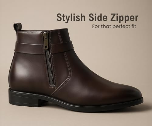 Image of Kraasa The Harness - Men's Stylish Vegan Leather Chelsea Boots with Side Zipper & O-Ring Strap Elastic Panel Ankle Boot (Tan /Black /Brown)