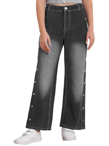 FEESHOW Button Split Side Jeans for Girls Casual Straight-Leg Denim Pants Kids Elastic Waist Retro Style Trousers