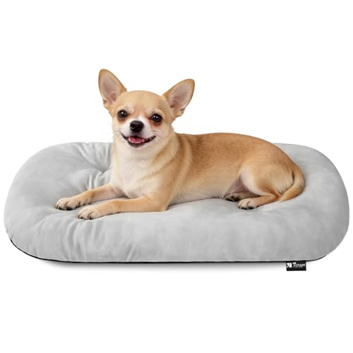 Image of Washable Oval Dog Bed for Small Dogs,High-Resilience,Light Gray | Non-Slip Bottom Prevents Sliding,Soft Plush Short Fur,Machine Washable Cushion,Ideal for Crates & Small Spaces,23 inchx17 inchx2.8 inch