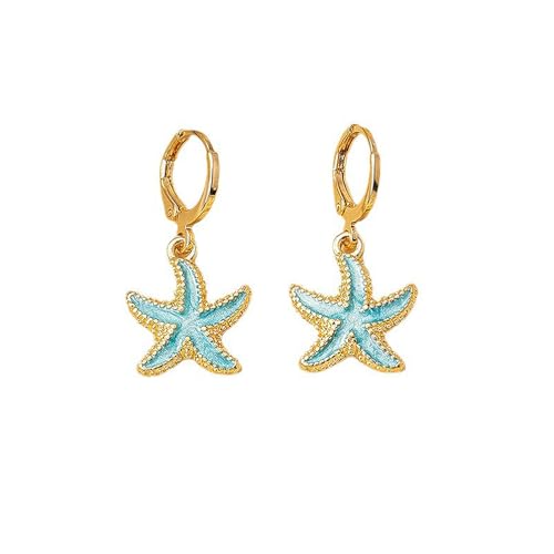 Boho Starfish Sea Star Shell Enamel Dangle Hoop Earrings for Women, Trendy Gold Plated Dripping Oil Drop Huggie Earrings Hawaii Vocation Beach Party Ear Jewelry Gift