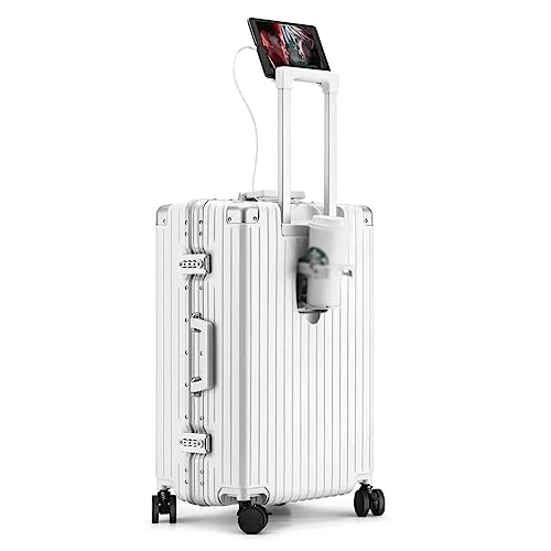 HCZKIUJY Aluminum Suitcase, Charging Port Carry-on Suitcase, Lightweight Large-Capacity Suitcase, Business Travel Suitcase,Light Green-20inch (White 20inch)