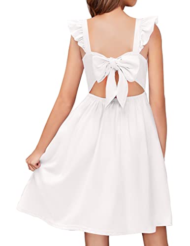 Arshiner Girls Summer Dresses Square Neck Ruffle Sleeve Tie Back A-Line Swing Casual Midi Dress with Pockets