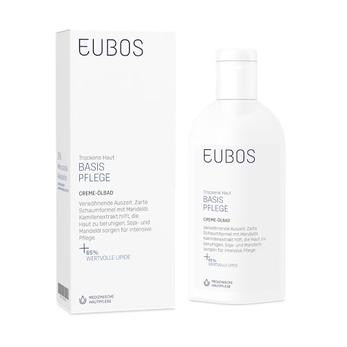 EUBOS BASIS PFLEGE | Creme-Ölbad | Für trockene Haut | Leicht schäumendes Bade-Öl für eine verwöhnende Reinigung | Hautverträglichkeit dermatologisch bestätigt | 200ml