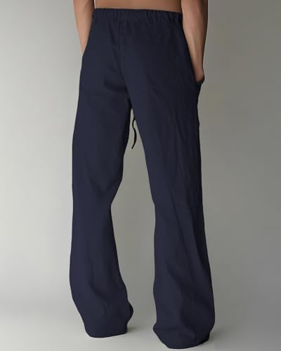 Image of PIDOGYM Mens Cotton Linen Pants Beach Casual Pajama Pants with Pockets | Elastic Waist Drawstring, Lightweight, Wide Leg Loose Design, Vacation Summer Outfits, Baggy Dress Trousers, Yoga for Women