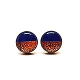 Two Toned with Faux Hammered Metal 10mm Stud Earrings, Handmade, Posts for Sensitive Ears Stud for Women Girls Men (Navy and Rose Gold Faux Hammered Metal)