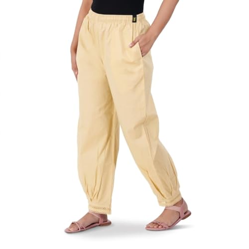 Image of Happy Bunny Women's Cotton Afghani Salwar with Lace Embroidery Detailing - Elastic Waist, Comfortable Loose Fit Bottoms for Casual, Ethnic