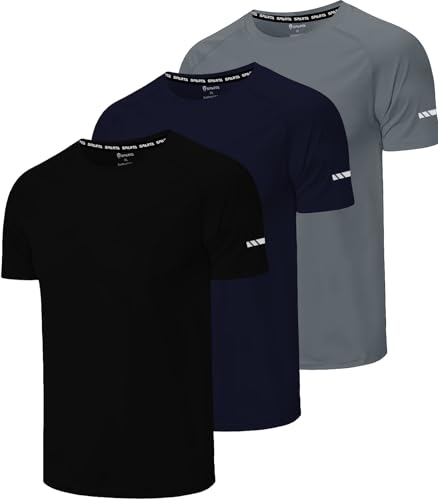 Men’s 3-Pack Gym T-Shirts – Quick Dry Workout Tops, Moisture-Wicking Training,Breathable Fitness Running Shirts for Gym, Sports & Everyday Wear (Blue, Black, Grey) (UK, Alpha, L, Regular, Regular)