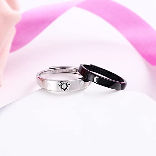 Image of Beydodo 925 Silver Rings Custom Adjustable Sun and Moon Matching Rings Engraved I Love You Couples Rings Wedding