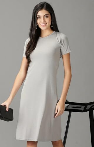 Image of SHOWOFFFF Women Embellished A-Line Party Dress | Round Neck Half Sleeves Jersey Dress for Womens | Knee Length Dress for Women's