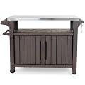 Keter Unity XL Outdoor Kitchen Island Rolling Cart Bar Table & Storage Cabinet, Grill Station with Utensil Hooks for Grilling Accessories, Brown