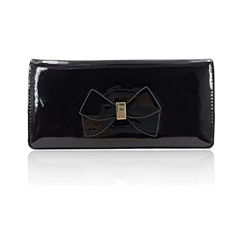 Womens Black Patent Large Bow Detail Faux Leather Purse Handheld Girls Wallet Cover