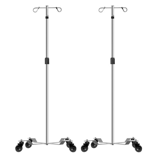 IV Poles IV Stands 2 Hooks 4 Legs Portable Rolling with Stainless Steel Adjustable Height, 2PCS