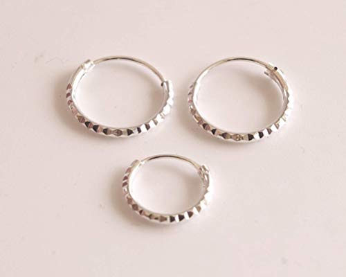 Set of 3 Small Diamond Cut Hoops Sterling Silver, 12mm Hoop Earrings, 10mm Hoop for Cartilage, Helix, 2nd Ear Piercing Hoop Earrings