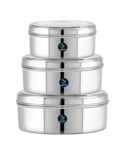 Image of Stainless Steel Puri Dabba Set - Large Size | Set of 3 Kitchen Storage Containers | Heavy Gauge Food Storage Canisters | 16.5 cm, 18 cm, 20 cm | 2.2L, 1.8L, 1.5L | Ideal for Indian Kitchen