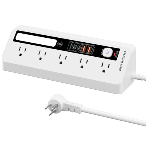 Desk Extension Lead with USB Slots, BOCHLION PD 35W + PD 20W Fast Charging Power Station with Night Light, 5 Way Plug Extension Socket Surge Protector, Desktop Power Strip 1.8M for Home Office (White)