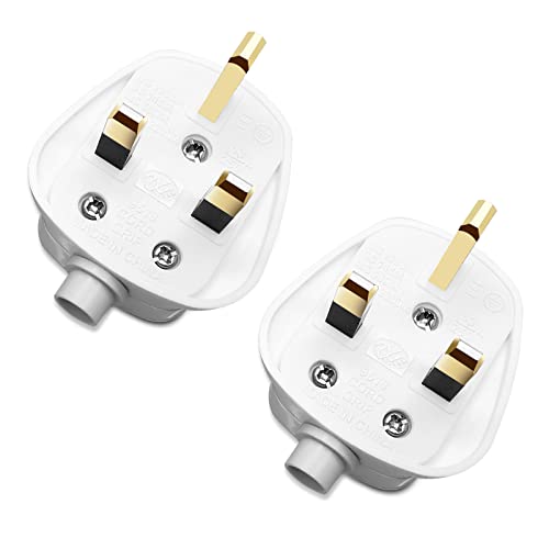 UK Plug 13 Amp Plug UK, plugs 3 Pin Electric Plugs UK 250V ,13A Fused Mains , with Cord Grip Rewireable Socket White,2 Pack