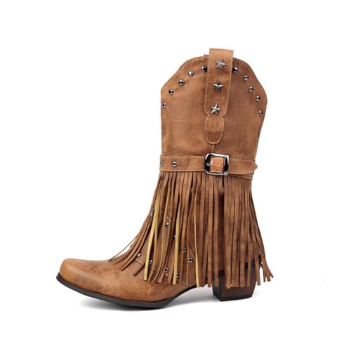 TangDao Donna Stivali da Cowboy con Frange Stivali Cowgirl Western a Metà Polpaccio Vintage Stivaletti da Lavoro, 42 Marrone