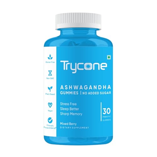 Image of Trycone KSM66 Ashwagandha Sugar Free Gummies for Stress Relief, Better Sleep and Improved Memory and Focus - Pack of 30 Gummies Herbal Ayurvedic Supplement for Men & Women