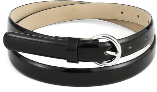 Black Patent Genuine Leather Thin Belts for Women, Waist Belts for Dress, Skinny Women Belt for Jeans Casual Belt