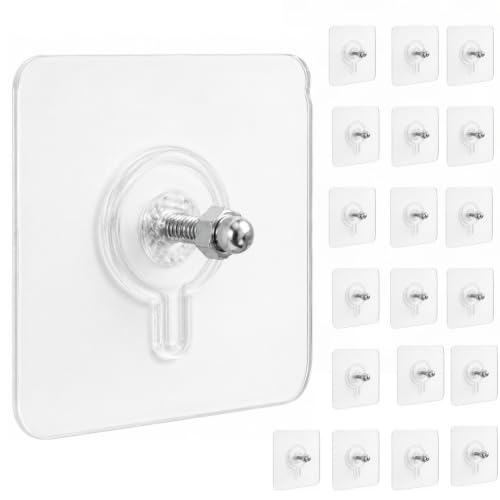 Image of KONVIO NEER Screw Hooks for Wall Without Drilling - 20 Pack Self Adhesive Screw Hooks Heavy Duty | Strong Nail-Free Transparent Stainless Steel Wall Hanging Hooks for Kitchen, Bathroom, Home & Office