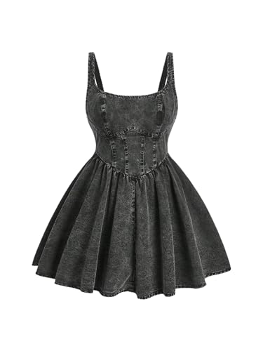 SOLY HUX Women's Plus Size Scoop Neck Denim Dress Sleeveless A Line Flowy Mini Jean Dresses Solid Black XX-Large Plus