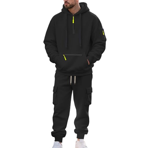 amropi Herren Trainingsanzug Sweatshirt mit Kapuze 1/4-Reißverschluss und Cargohose Sportbekleidung Set Schwarz, XXL