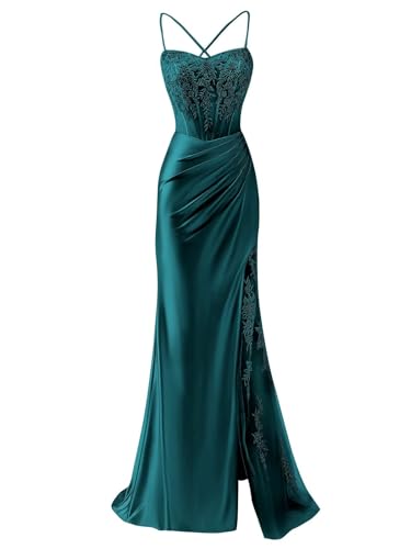 Mermaid Satin Prom Dresses 2025 Lace Appliques Corset Formal Evening Gown with Slit