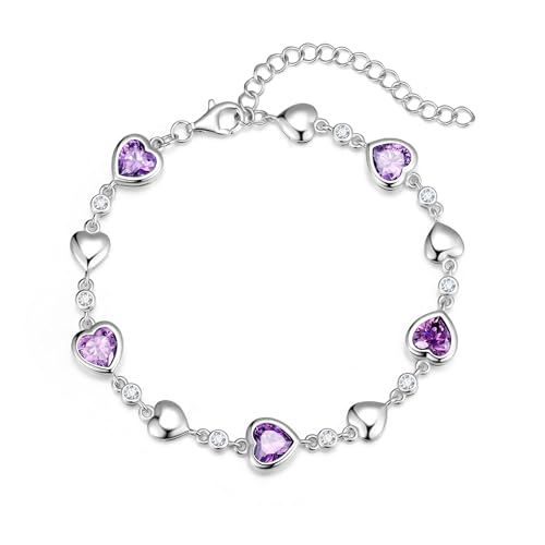 Carleen February Birthstone Bracelet Sterling Silver Purple Amethyst Bracelet for Women Heart Station Tennis Bracelet Jewelry Gifts for Women