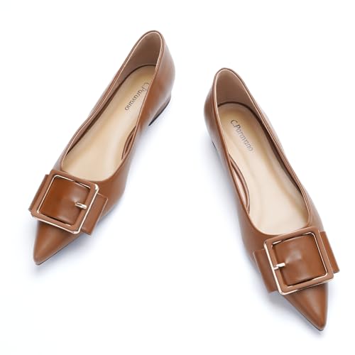 Women's Pointed Toe Square Buckle Flats Elegant Slip-On Ballet Flats Comfortable Dressy Shoes for Work Party Daily Wear(Size 7.5,Brown)