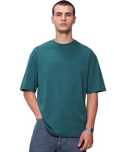 Image of Bewakoof Men's Cotton Solid Super Loose Fit Half Sleeve Round Neck T-Shirt | Casual Wear | Street Wear | Oversized t Shirt for Men Cotton| Baggy