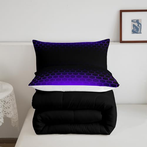 Image of Purple Black Ombre Honeycomb Comforter Set Queen Size, Abstract Hexagonal Bedding Set for Kids Geometrics Honeycomb Comforter Beehive Hexagon Duvet Set Durable Bed Set 3Pcs