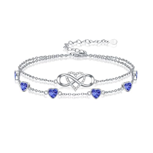 Infinity Heart Birthstone Charm Link Anklets/Bracelets for Women 925 Sterling Silver Adjustable Anniversary Birthday Gifts Mother's Day Jewelry Gift for Mom Women Wife Her Friends