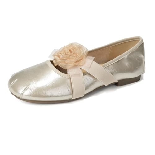 LUXINYU Women Round Toe Mary Jane Flats Pu Leather Elastic Flower Straps Low Heel Ballet Casual Praty Shoes